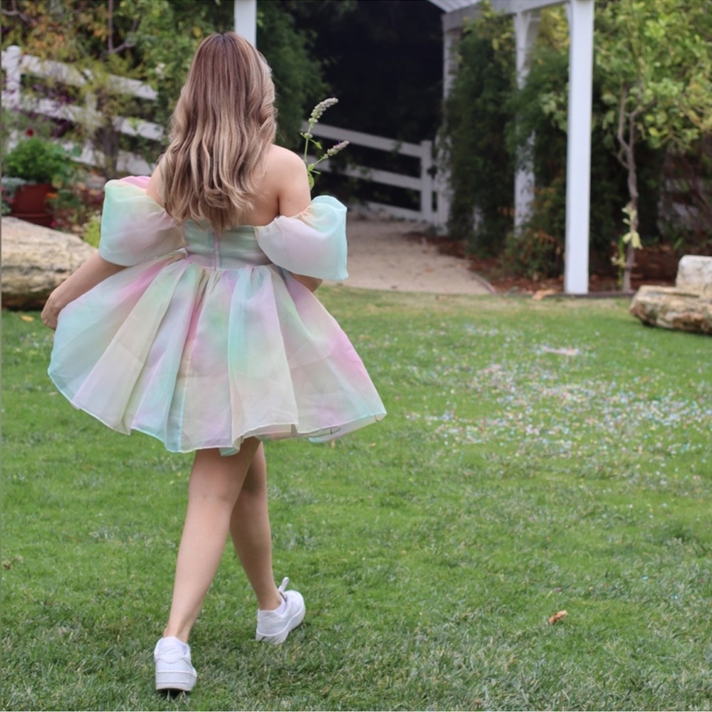 Selkie Rainbow Multicolor Puff Sleeve Mini Dress Square Neck Size S - Picture 4 of 9